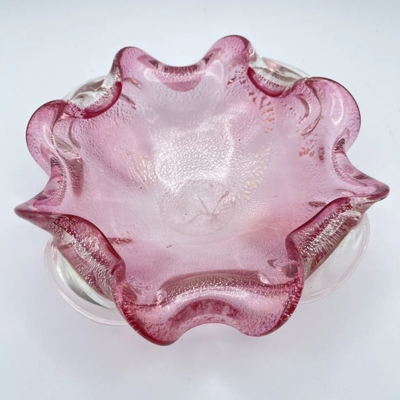 Vintage Italian Murano Pink & Gold Flecked Glass Folded Bowl